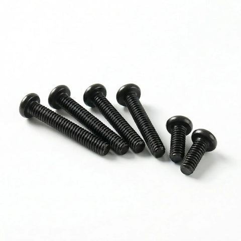 30 Pack M4 X 16mm Pan Head Machine Screws Black Oxide 304 Stainless Steel Fully Threaded Phillips Drive arranged in a line.