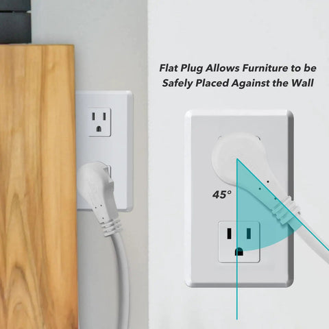 6 Ft 3-Outlet Heavy Duty Flat Plug Extension Cord 14-3 SJT White Grounded in wall outlet, showing 45-degree angle for furniture placement