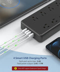 Close-up of Power Strip Surge Protector with 12 widely spaced AC outlets, 4 USB ports, charging multiple devices at once, ETL listed.