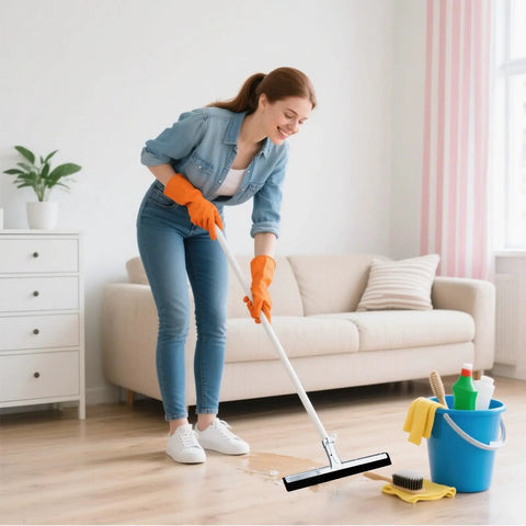 Woman using Six Pack 18 Inch Double Foam Floor Squeegee with EVA Foam Blade for Quick Cleanups on wooden floor indoors