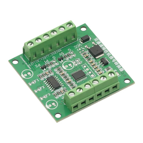 Dual Channel PWM To Voltage Servo Receiver Converter for RC Crawlers 7 To 24V Power Supply, green circuit board top view.