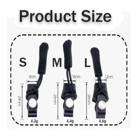 Universal Zipper Repair Kit With Removable Sliders And Quick Fix Heads For Jackets, Bags, Luggage, Tents And No Fuss, Easy Clamp Adjustable Zipper Pull Replacement Set In S M L Sizes For Fast DIY Zipper Fix showing sizes S, M, L with weight details.