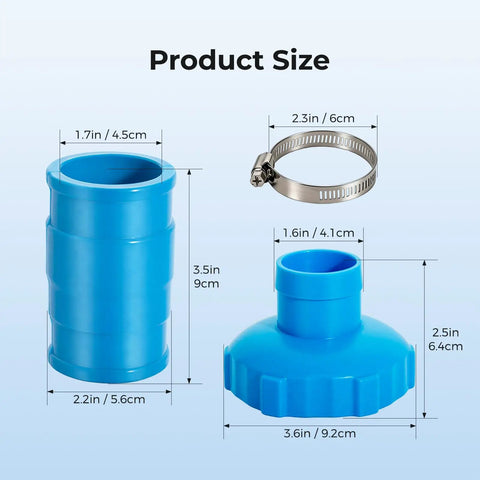 Pool Vacuum Hose B Adapter Connector Kit With Clamps For Above Ground Pools. Size dimensions of components displayed.