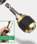 Quick-release hex shank bit holder with magnetic drill extension in silver and black, close-up view