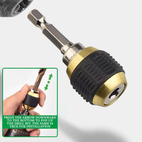 Quick-release hex shank bit holder with magnetic drill extension in silver and black, close-up view
