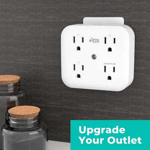 Smart Tap Mini 2-Pack 4-Outlet Wall Mounted Plug Adapter With 3 Independently Controlled Wi-Fi Outlets, Works With Alexa and Google Assistant shown mounted on a wall.