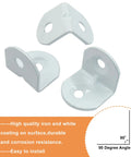 Forty Piece Heavy Duty White L Bracket Corner Brace Kit With Screws Solid Metal Right Angle Mounting Hardware For Shelving Tasks, three white steel brackets.