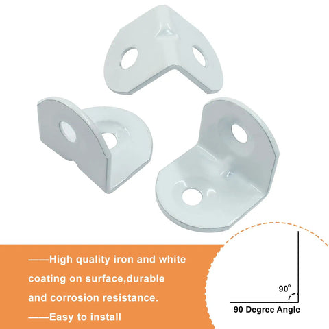 Forty Piece Heavy Duty White L Bracket Corner Brace Kit With Screws Solid Metal Right Angle Mounting Hardware For Shelving Tasks, three white steel brackets.