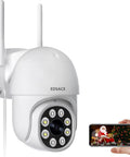 5G Outdoor Dome Security Camera With 2 Way Audio, Continuous Recording, 24 Seven Monitoring mounted showing phone display