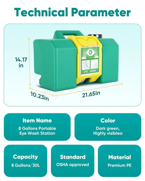 Portable Eight Gallon Eyewash Station Worksite Ready Gravity Fed Emergency Rinse With Fifteen Minute Continuous Flush Osha Compliant, dark green PE material.