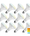 12 Pack BR30 LED Flood Light Bulbs With 65W Equivalent And 10W Low Power, Dimmable And Damp Rated, visible in packaging, color options shown