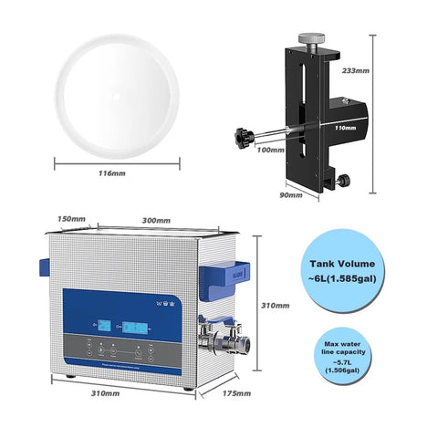 Fully Automatic 6L Ultrasonic Vinyl Record Cleaner With Sturdy Bracket For 7 To 12 Inch LP Records dimensions and features diagram.