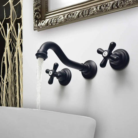 Dope Wall Mounted Bathroom Faucet With Dual Cross Handles Rough In Valve And Widespread Waterfall Spout In Wall For 3 Hole Basin Lavatory Oil Rubbed Bronze Finish Vessel Sink Friendly