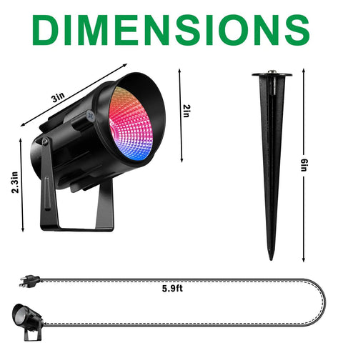 Outdoor RGB LED Flood Lights With Stakes 12W Color Changing Landscape Lighting 120V dimensions and components