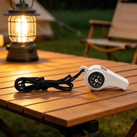 3-In-1 Survival Whistle With Built-In Compass And Thermometer resting on a wooden table near camping lantern