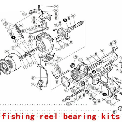 Diagram showing Four Piece Fishing Reel Bearing Kit For Ultegra 6000PG And 8000PG 02 Ultegra Model Includes 8x1 34x1 51x2 bearings