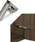 Straight Up Heavy Duty Folding Shelf Bracket With Extendable Wall Mount Support Hinge, Rock Solid Cold Rolled Steel Corrosion Resistant Construction For No Sweat Install, 2 Pack Silver showing hinge and mount on wooden surface.