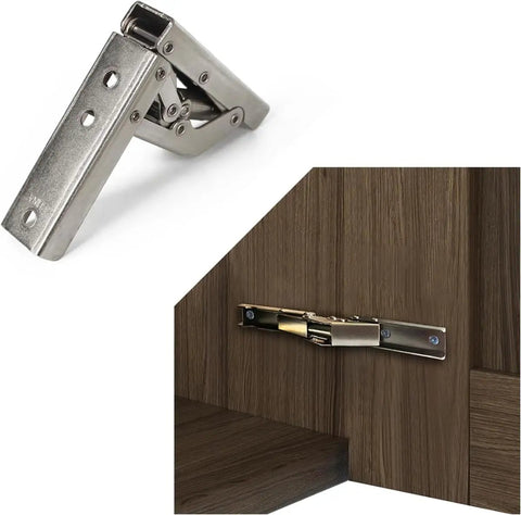 Straight Up Heavy Duty Folding Shelf Bracket With Extendable Wall Mount Support Hinge, Rock Solid Cold Rolled Steel Corrosion Resistant Construction For No Sweat Install, 2 Pack Silver showing hinge and mount on wooden surface.