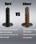 Black self tapping and self drilling sheet metal screws set for DIY projects, 410 stainless steel vs non-stainless steel comparison