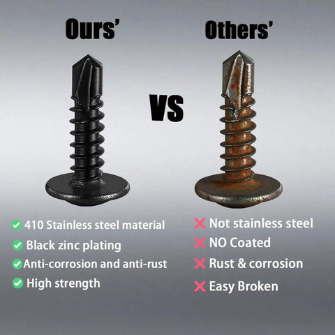 Black self tapping and self drilling sheet metal screws set for DIY projects, 410 stainless steel vs non-stainless steel comparison