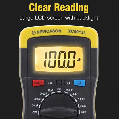 Pro Grade Digital Capacitance Meter And Tester 0.1pF To 20000uF Range Ultra Portable High Accuracy Low Power Big LCD Screen DIY Friendly Electronics Capacitance Checker, yellow plastic body