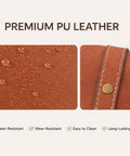 Close up of premium PU leather with water-resistant drops and detail stitch, highlighting texture and durability.