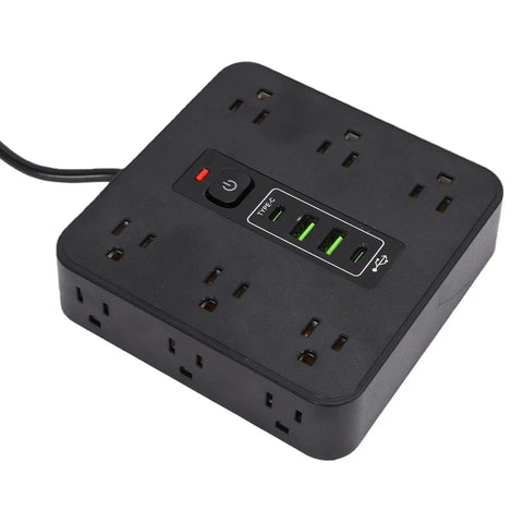 Flat Head Power Strip With 12 Ac Outlets And 4 Usb Ports, Multi Device Charging Station For Home Office Dorm Room And Gaming Setup, EtL Surge Protector Knocks Out Cord Chaos Fast, black power strip with outlets and USB ports.