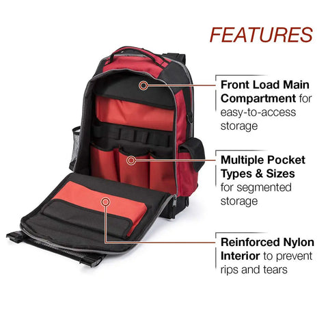 Welding Gear Backpack For Pros, All In One PPE And Electronics Storage, open view showing front load compartment and multiple pockets.