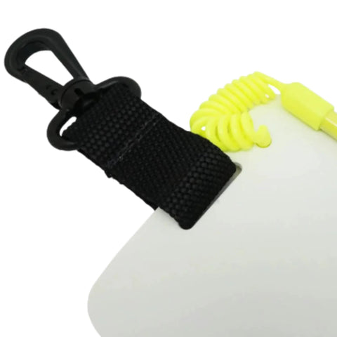 Close-up of clip and yellow coiled cord on Underwater 6 By 4 Inch Waterproof Slate With Clip And Pencil For Scuba, Snorkeling, Freediving And Dive Lessons