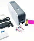 Heavy Duty Id Card Printer Kit Featuring Slick Edge To Edge Color Duplex Prints And Bulletproof Metal Frame Field Upgradeable To Lamination Plus Optional Magstripe Or Contactless Smart Encoding For Boss Level Employee Badges with cables and supplies
