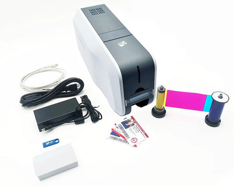 Heavy Duty Id Card Printer Kit Featuring Slick Edge To Edge Color Duplex Prints And Bulletproof Metal Frame Field Upgradeable To Lamination Plus Optional Magstripe Or Contactless Smart Encoding For Boss Level Employee Badges with cables and supplies