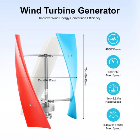 Beefy 400W 24V DC Maglev Vertical Axis Wind Turbine with three blades, measuring 53cm x 75cm, in red and blue colors.