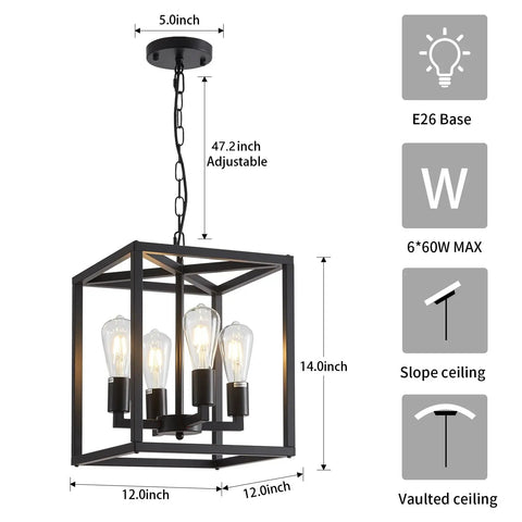 Rustic Industrial 4 Light Farmhouse Chandelier Pendant Lighting with Adjustable Height Metal Cage E26 Base, black cage.
