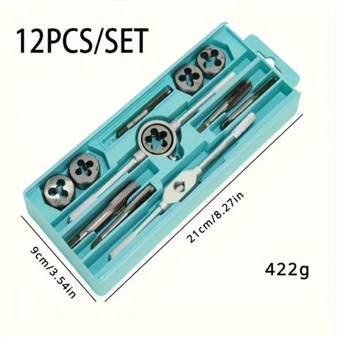 Pro Grade Metric Tap And Die Set M3 To M12 For Internal And External Thread Repair Includes Long Handled Tap Wrench T Handle Wrenches Adjustable Die Wrench Screwdriver And Pitch Gauge 12 Piece Kit shown in blue case