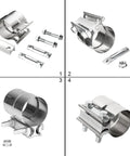 2.25 Inch Stainless Steel Exhaust Clamp Lap Joint Band For 2.25 Inch ID Exhaust Pipe Muffler Clamp Set Easy Install Tight Seal Prevents Deformation 2 Pack, showing multiple angles and components including bolts and nuts.