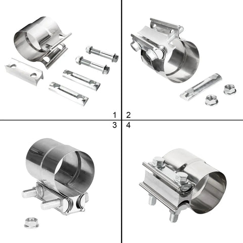 2.25 Inch Stainless Steel Exhaust Clamp Lap Joint Band For 2.25 Inch ID Exhaust Pipe Muffler Clamp Set Easy Install Tight Seal Prevents Deformation 2 Pack, showing multiple angles and components including bolts and nuts.