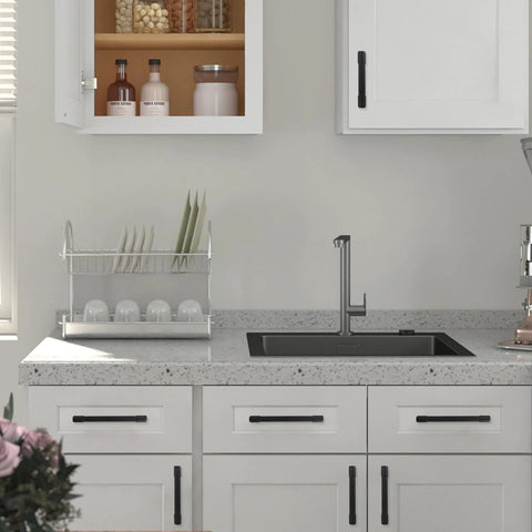 Modern kitchen with Matte Black Cabinet Pulls 10 Pack 5 Inch 128mm Hole Centers Aluminum Handles on white cabinets.