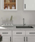 Kitchen with 2 Pack Matte Black Cabinet Pulls, 3 Inch Hole Centers, aluminum modern black cabinet hardware on drawers.