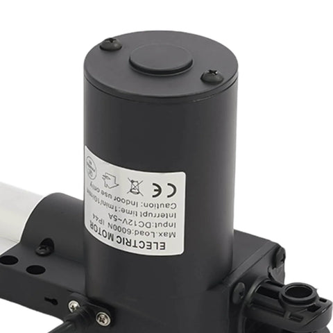 Close-up of Beefy 6000N IP44 Linear Actuator With Nineteen Point Six Nine Inch Stroke 12V DC 5A motor black casing