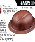 Full Brim KONSTRUCT Series Hard Hat 60452 On The Job Site, Class G Type 1 shown with heat resistance and electrical protection details