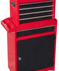 Rolling Garage Workshop Tool Organizer with Detachable Four-Drawer Chest in red and black steel design on wheels