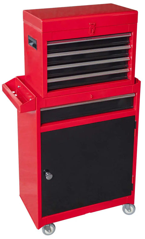Rolling Garage Workshop Tool Organizer with Detachable Four-Drawer Chest in red and black steel design on wheels