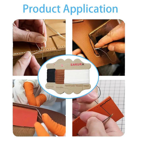 Upholstery Repair Kit With 0.55mm Waxed Thread And Heavy Duty Needles For Leather Canvas And Quilting Includes Three Colors Black White Brown And Seven Tools For DIY Quick Easy Repairs At Home Or On The Go being used on leather and fabric.