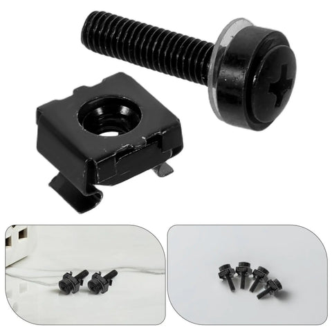 50 Piece M5x25 Black Metal Rack Mount Cage Nuts And Screws Set Featuring Rock Solid Antislip Grip For Server Rack Installations and Networking Hardware Float Nut Kits With Top Shelf Durability, detailed view of screw and cage nut.
