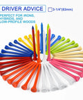 Natural Hardwood Golf Tees 3 1/4 Inch, 120 Pack, Biodegradable Wooden Tees in mixed colors arranged in a circular pattern.