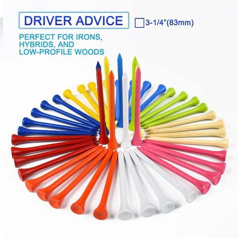 Natural Hardwood Golf Tees 3 1/4 Inch, 120 Pack, Biodegradable Wooden Tees in mixed colors arranged in a circular pattern.