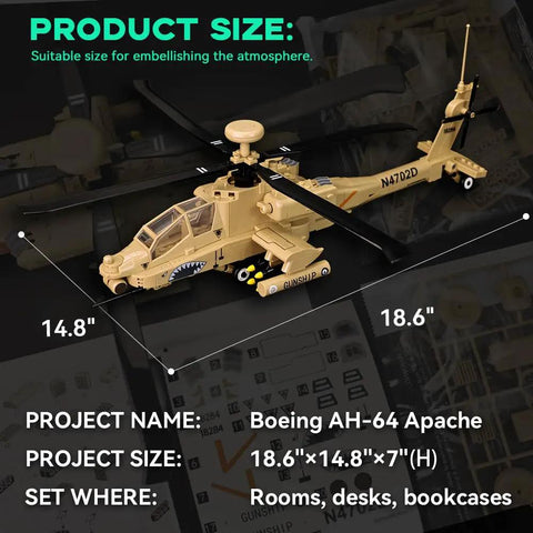 One Thirty Scale AH 64 Apache Helicopter Model Kit For Adults Collectors And Hobbyists, 18.6x14.8 inch size display