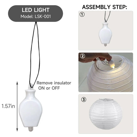 LED assembly guide for 12 Pack White LED Paper Lanterns With Hanging Lights Includes 6 8 10 And 12 Inch Sizes Battery Powered LEDs Clear Fishing Line A Complete Grab And Go Decor Set For Weddings Birthday Parties Bridal Showers And Outdoor Use with instructions