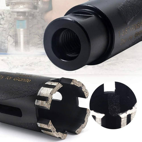Ostek 1-3/8 in dry diamond core drill bit for granite; 5/8-11 thread, two-piece box, side view showing carbide teeth.