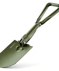 Ready For Anything 23 Inch Military Foldable Camping Shovel with serrated edge, high manganese steel, in green, tri fold design.